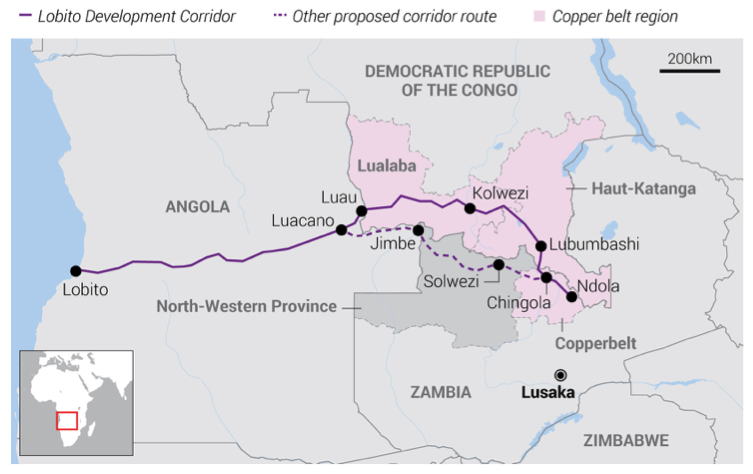 Map of Lobito Corridor railway connecting Angola's Lobito port to DRC and Zambian copper mining regions.